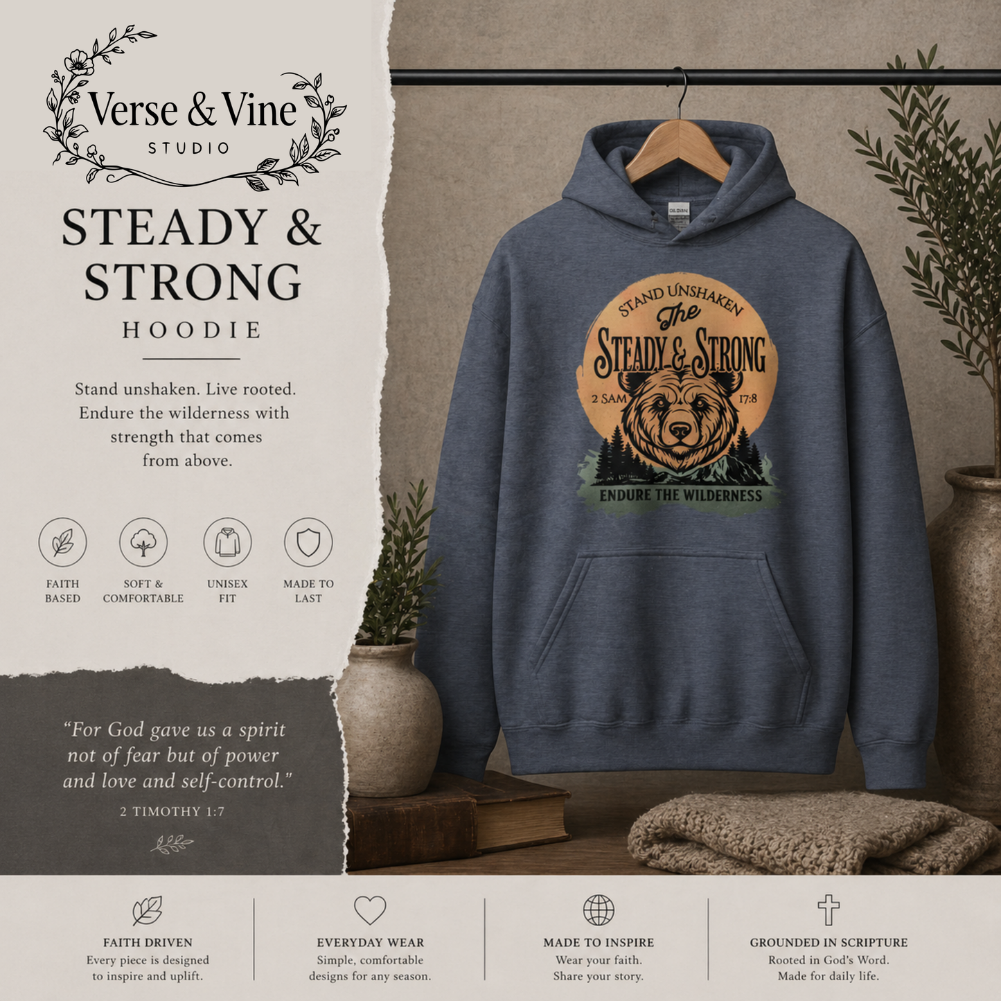 Steady & Strong Hoodie – Christian Hoodie | 2 Samuel 17:8